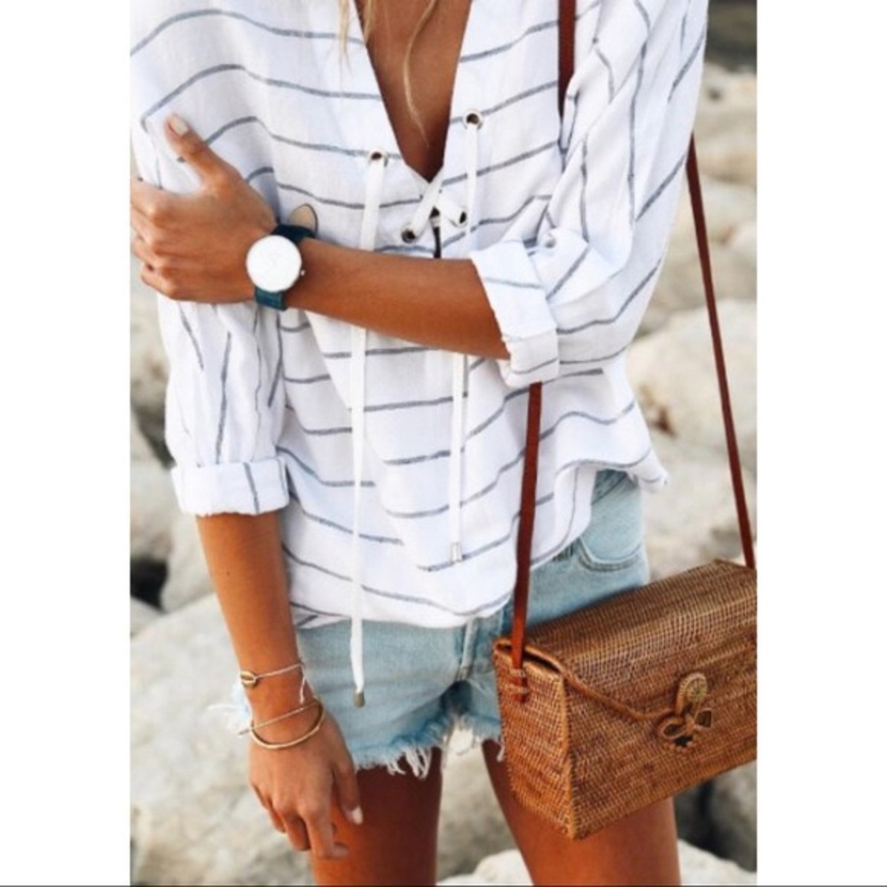 Rails Lily Positano Stripe Lace Up Linen Top Size… - image 2